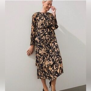 CHICO’S Black Label Black & Tan Floral Pleat Tiered LS Midi Dress Sz 0 / 4 NWT
